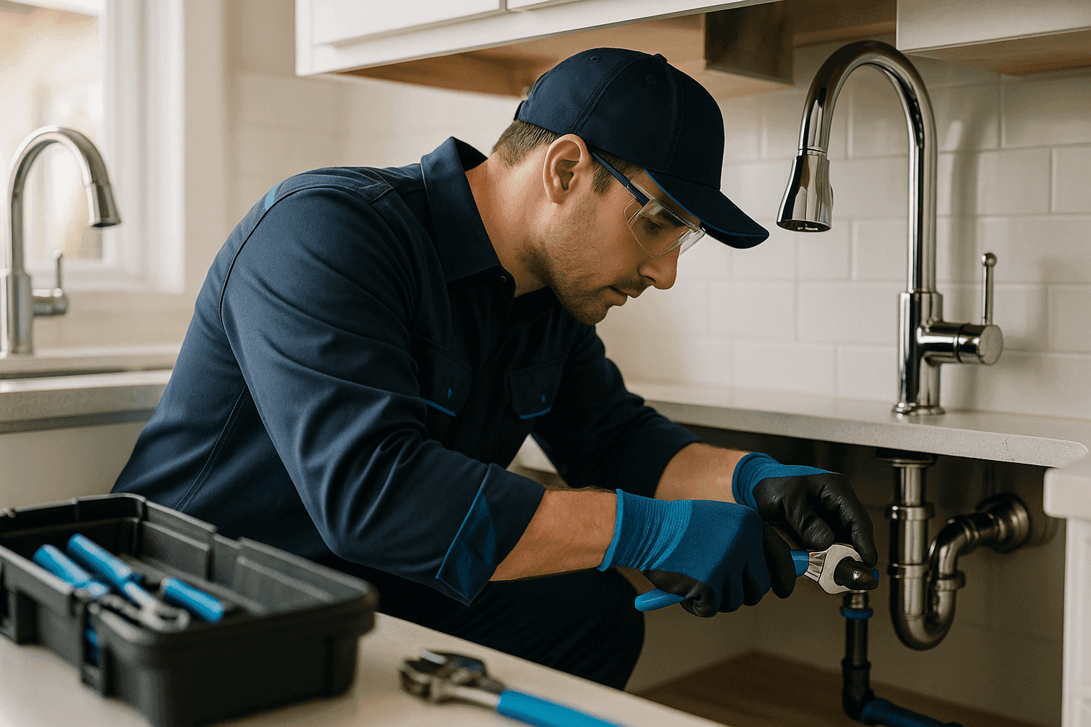 Professional plumber in navy-blue uniform tightening pipe under modern kitchen sink