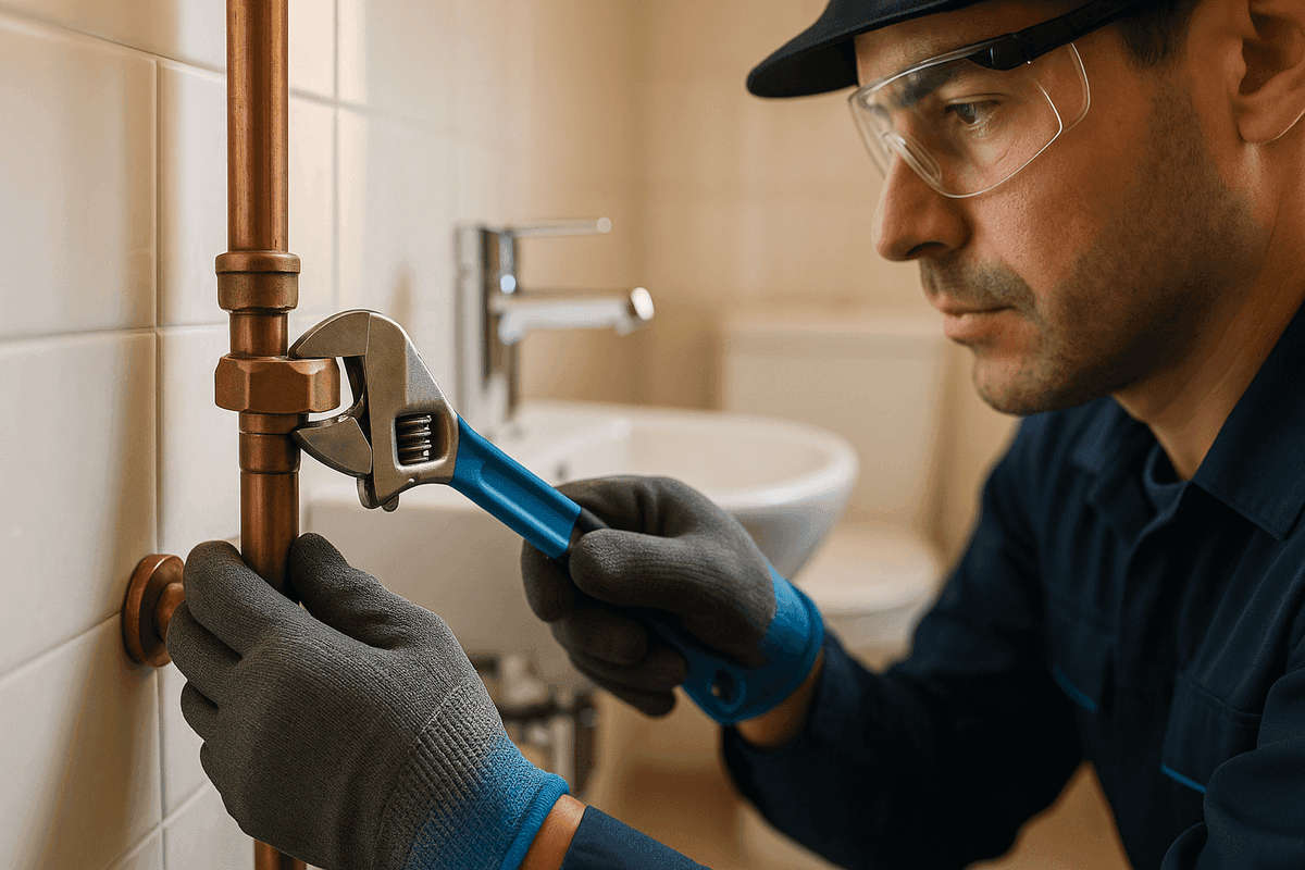 Close-up of plumber's gloved hands tightening copper pipe fitting in bathroom